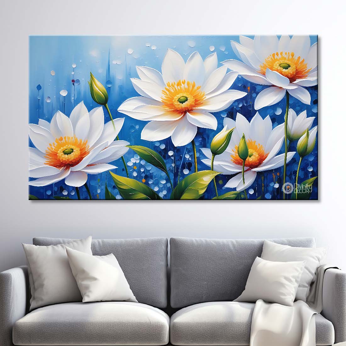 White flowers in sky blue background canvas painting- Flower-712