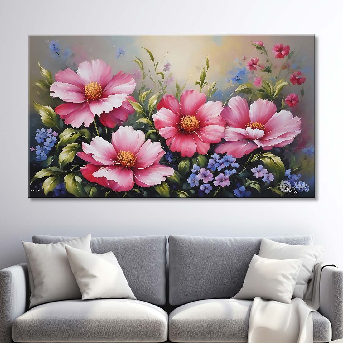 Pink flowers in grey background canvas painting- Flower-713