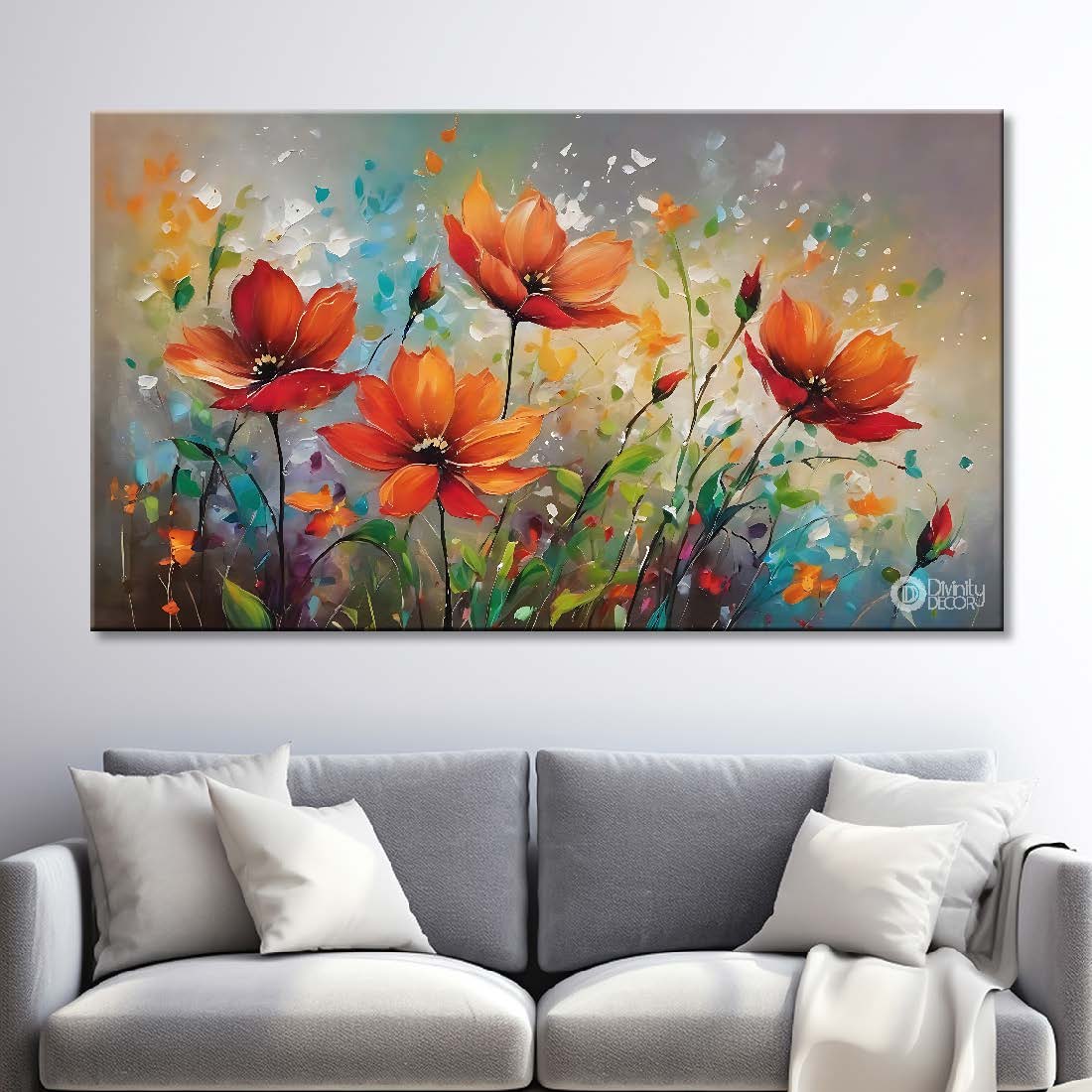 Orange flowers in grey background canvas painting- Flower-714