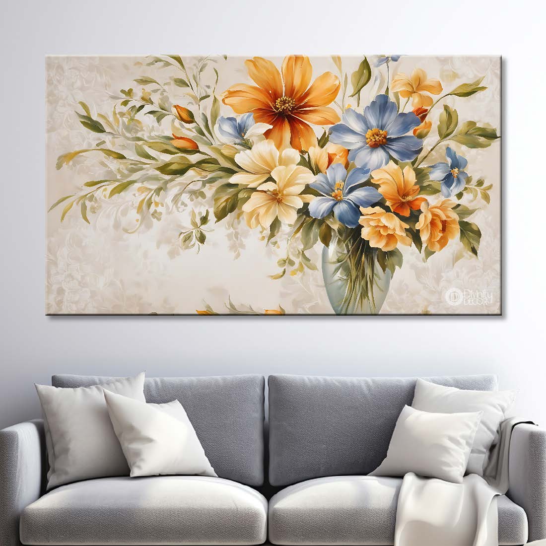 Yellow flowers in grey background canvas painting- Flower-715