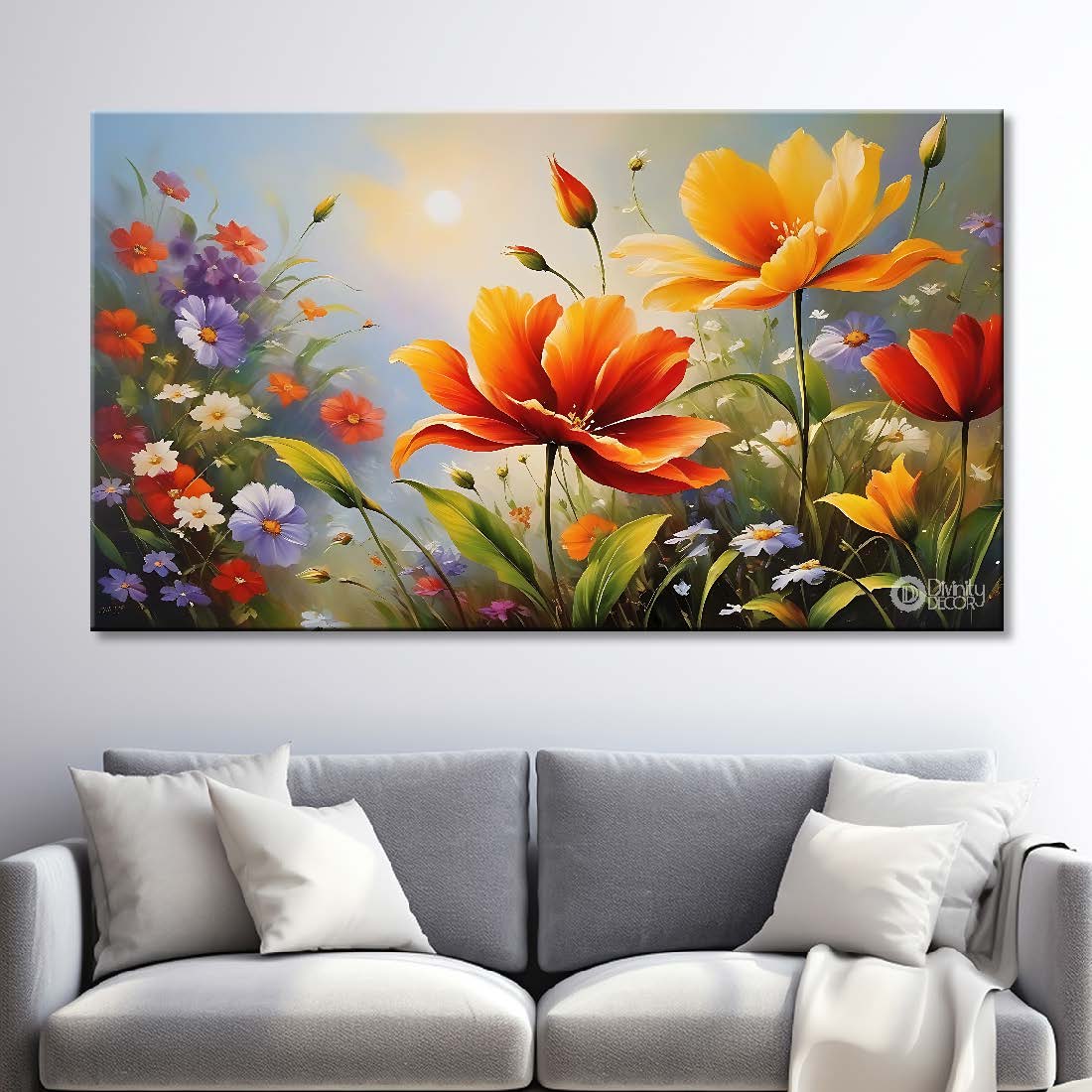 Orange flowers in grey background canvas painting- Flower-718