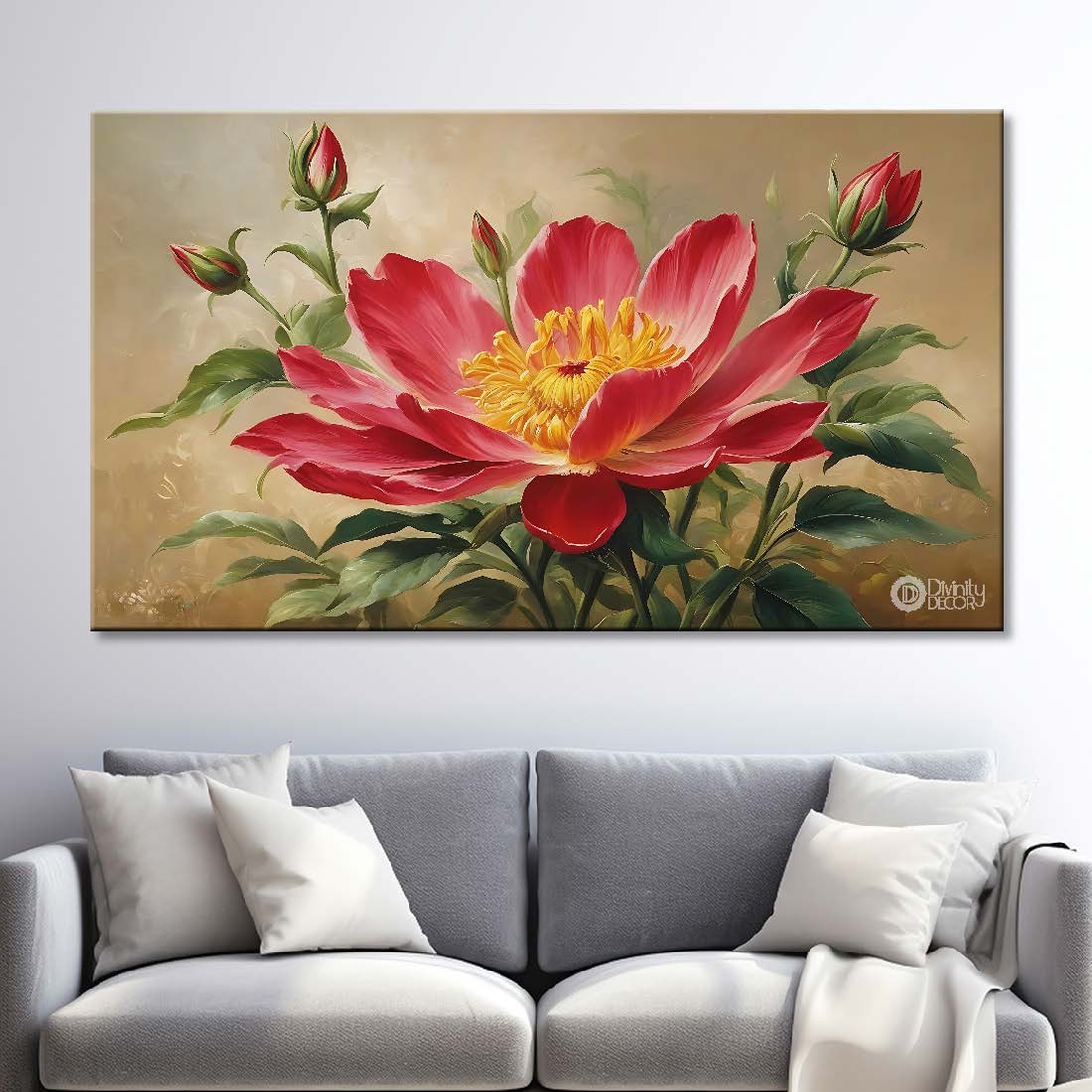 Pink flower in grey background canvas painting- Flower-720