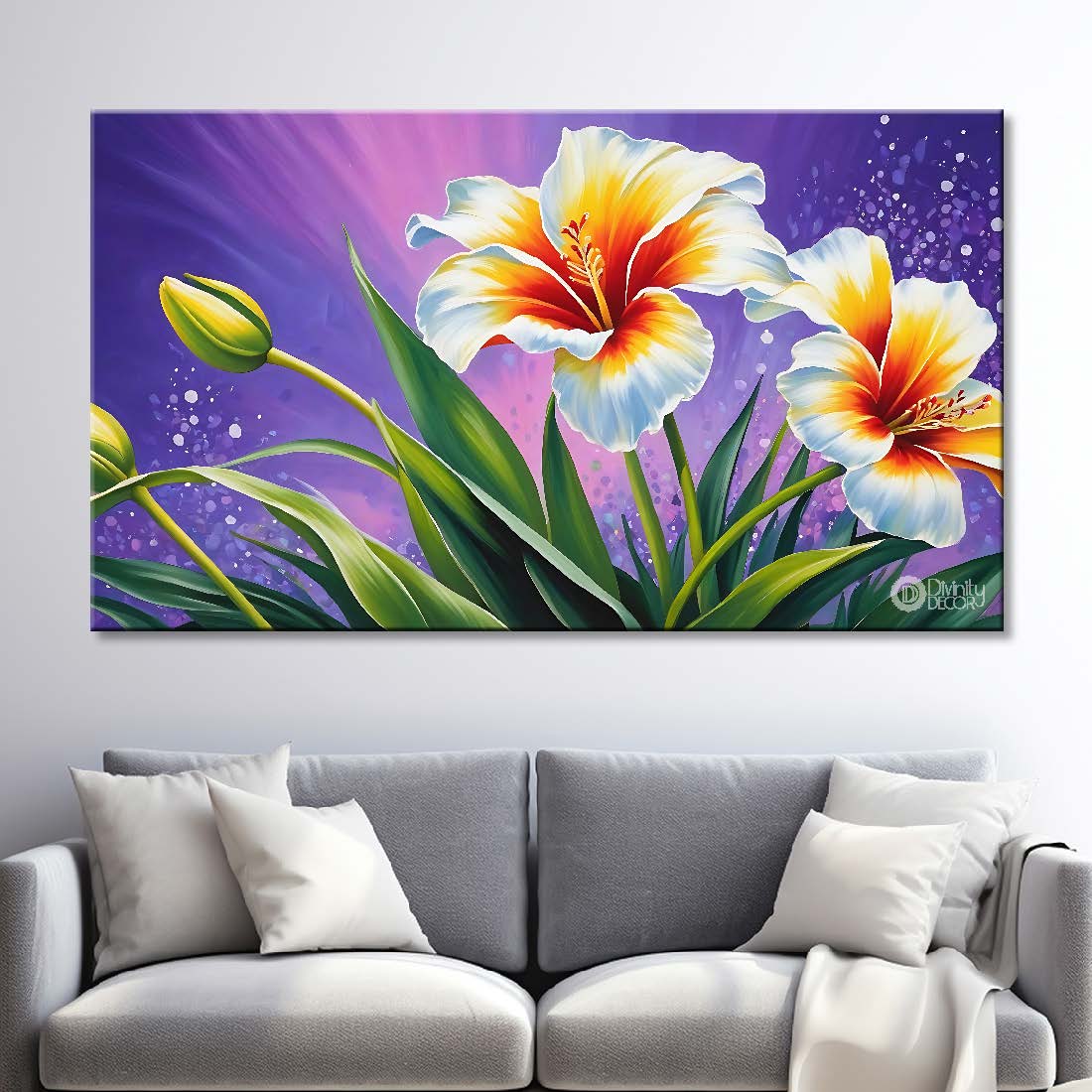 White flowers in purple background canvas painting- Flower-721