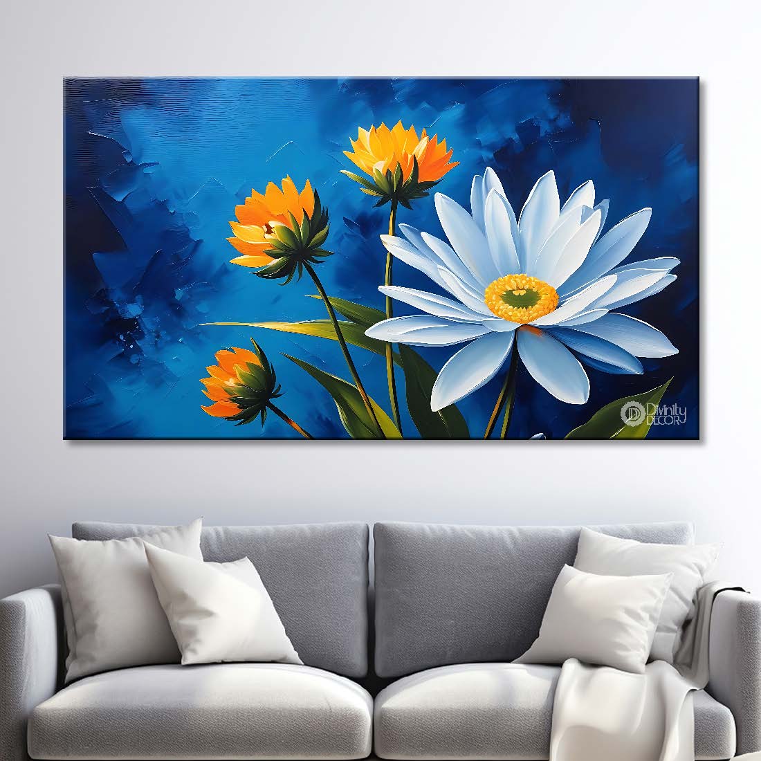 White flowers in navy blue background canvas painting- Flower-722