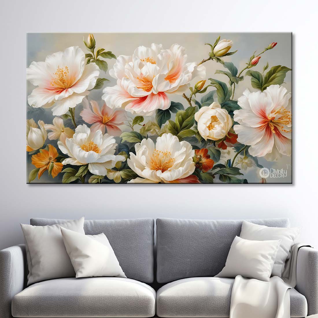 White flowers in grey background canvas painting- Flower-724