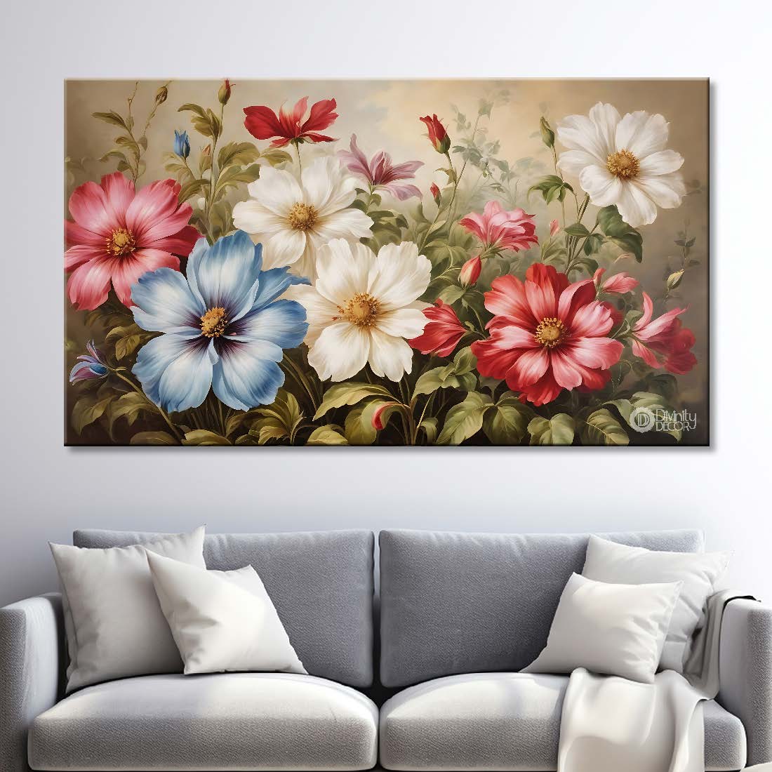 Colorful flowers in light background canvas painting- Flower-725