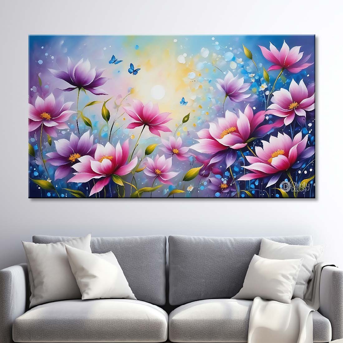 Pink flowers in sky blue background canvas painting- Flower-726