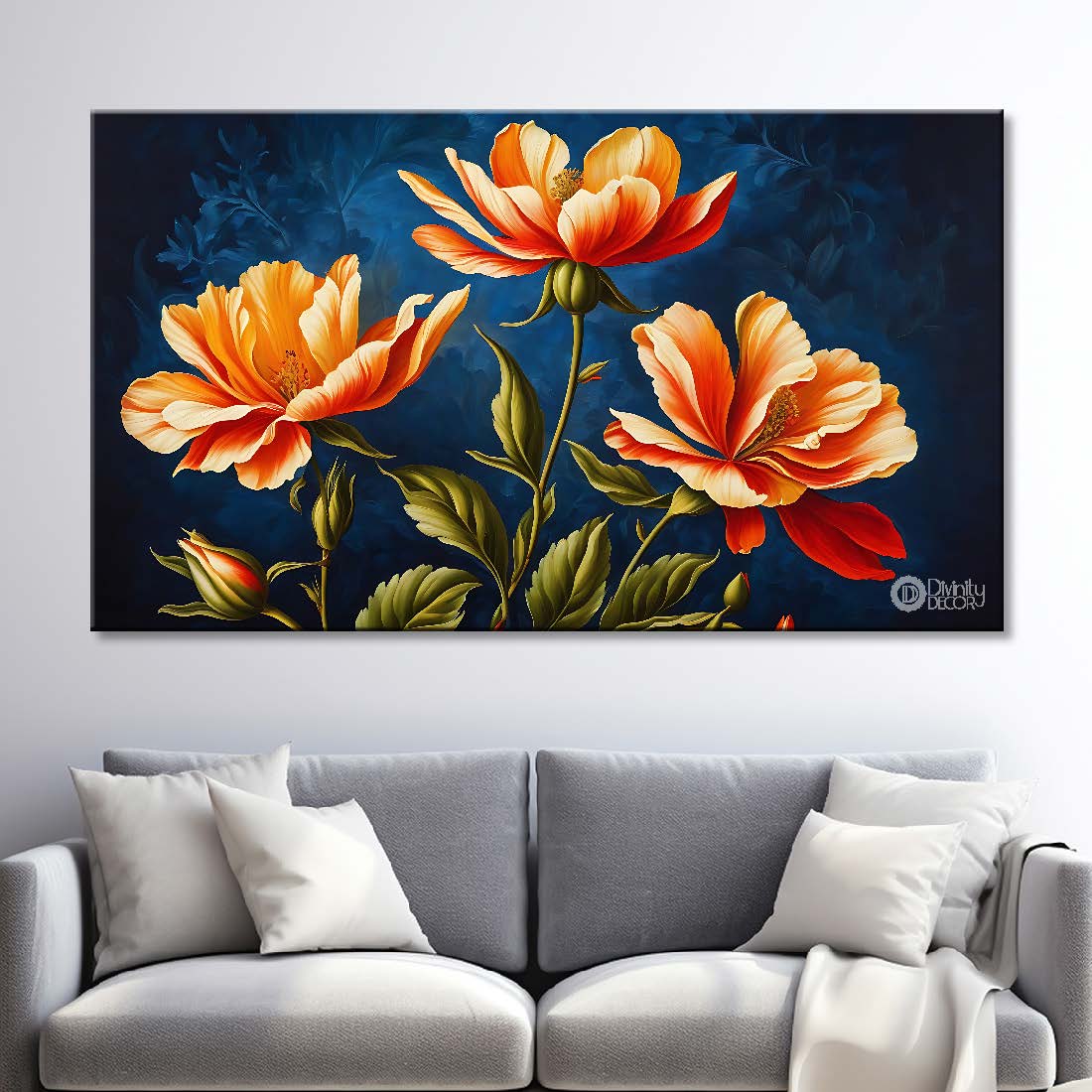Orange flowers in navy blue background canvas painting- Flower-727