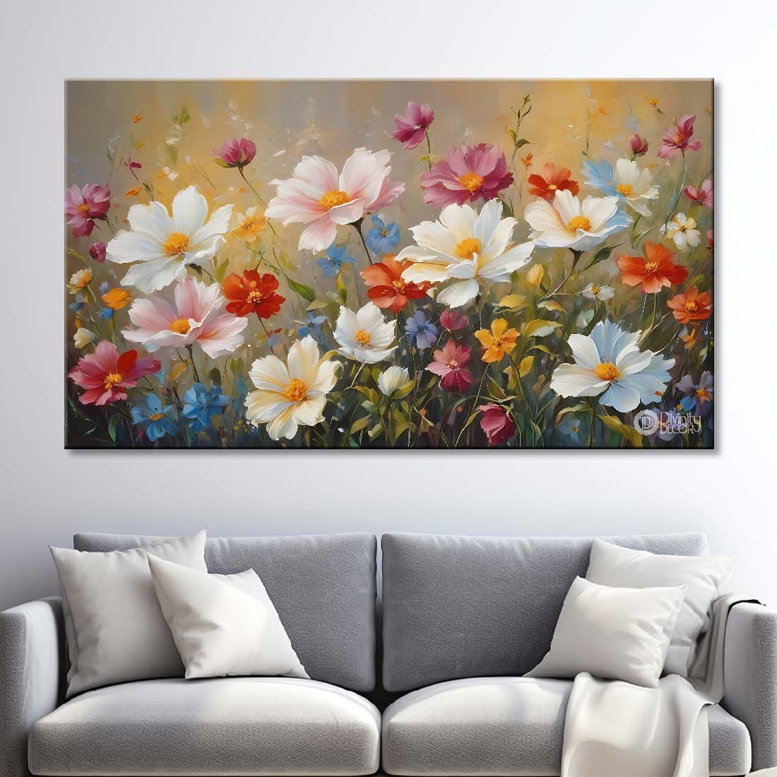 White and pink flowers in light brown background canvas painting- Flower-728