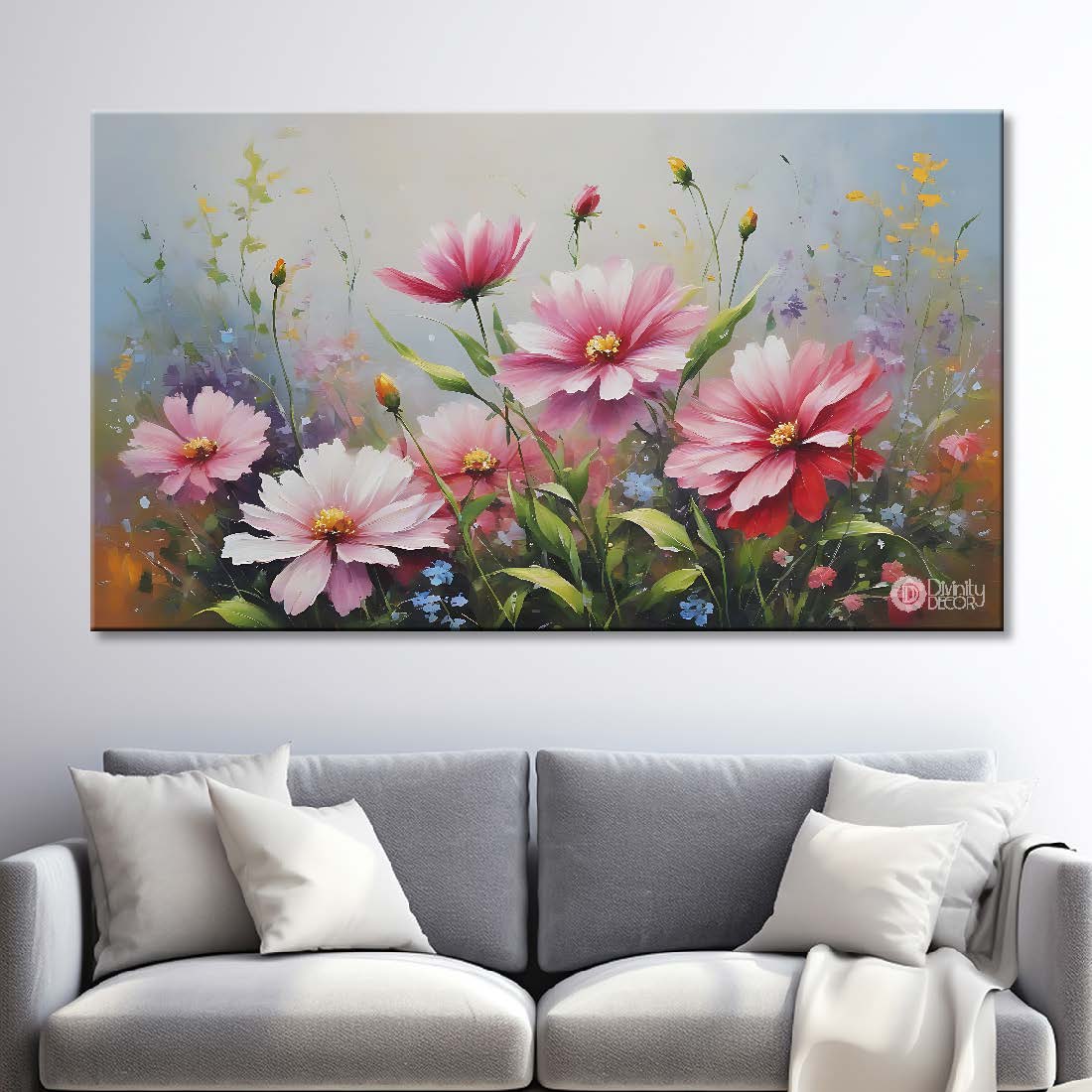 Pink flowers in grey background canvas painting- Flower-730