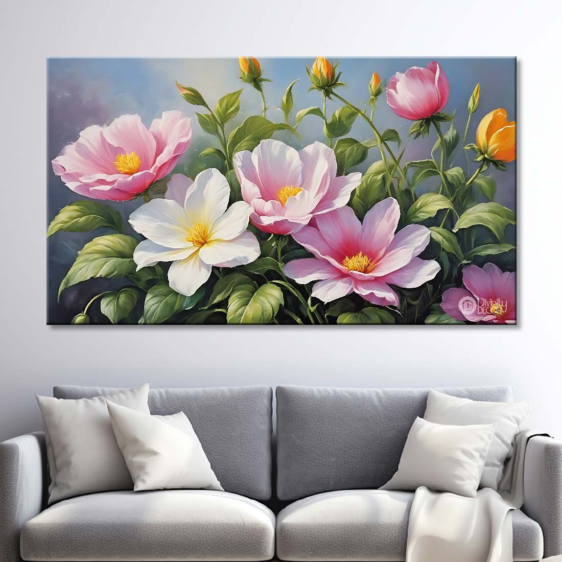 White and pink flowers grey background canvas painting- Flower-732