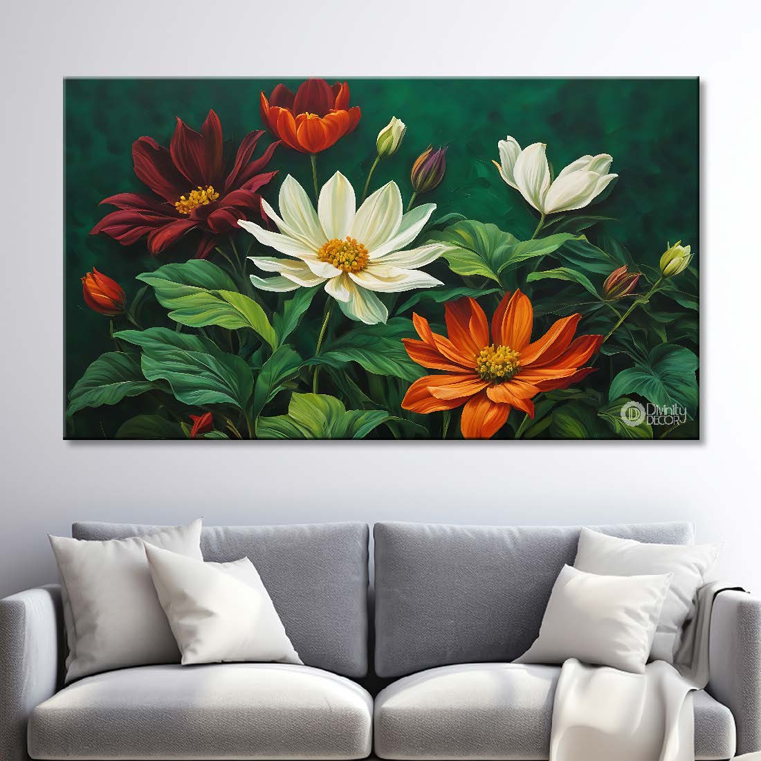 White and red flowers in green background canvas painting- Flower-733