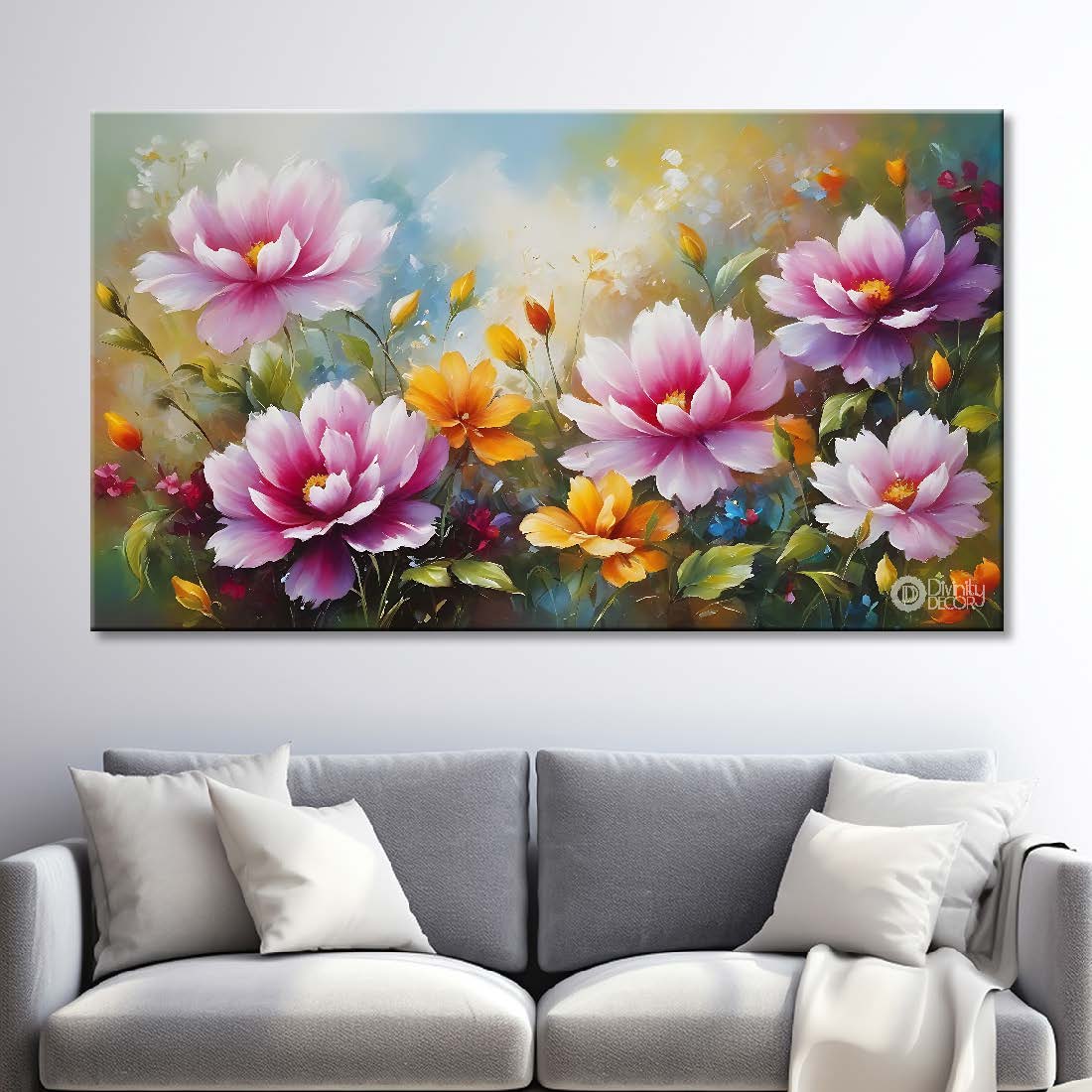 Pink flowers in sky blue background canvas painting- Flower-734