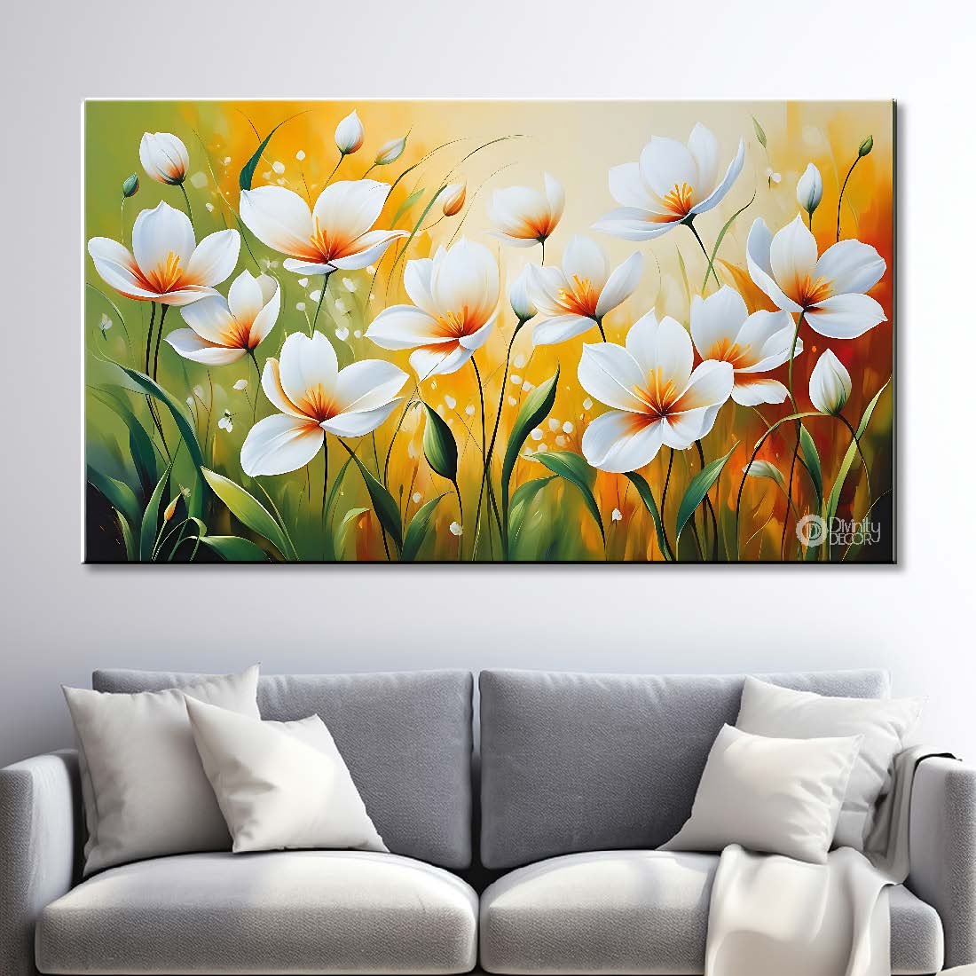White flowers in yellow background canvas painting- Flower-735