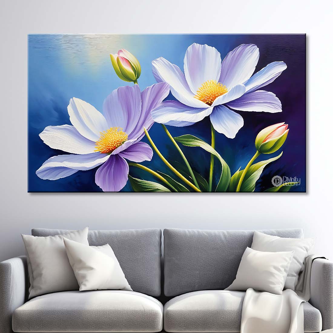 Purple flowers in blue background canvas painting- Flower-737
