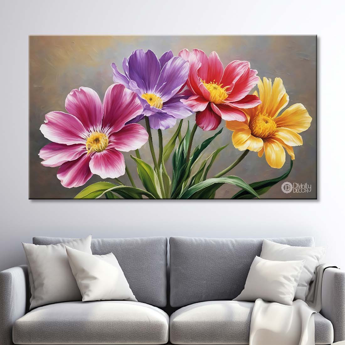 Colorful flowers in grey background canvas painting- Flower-738