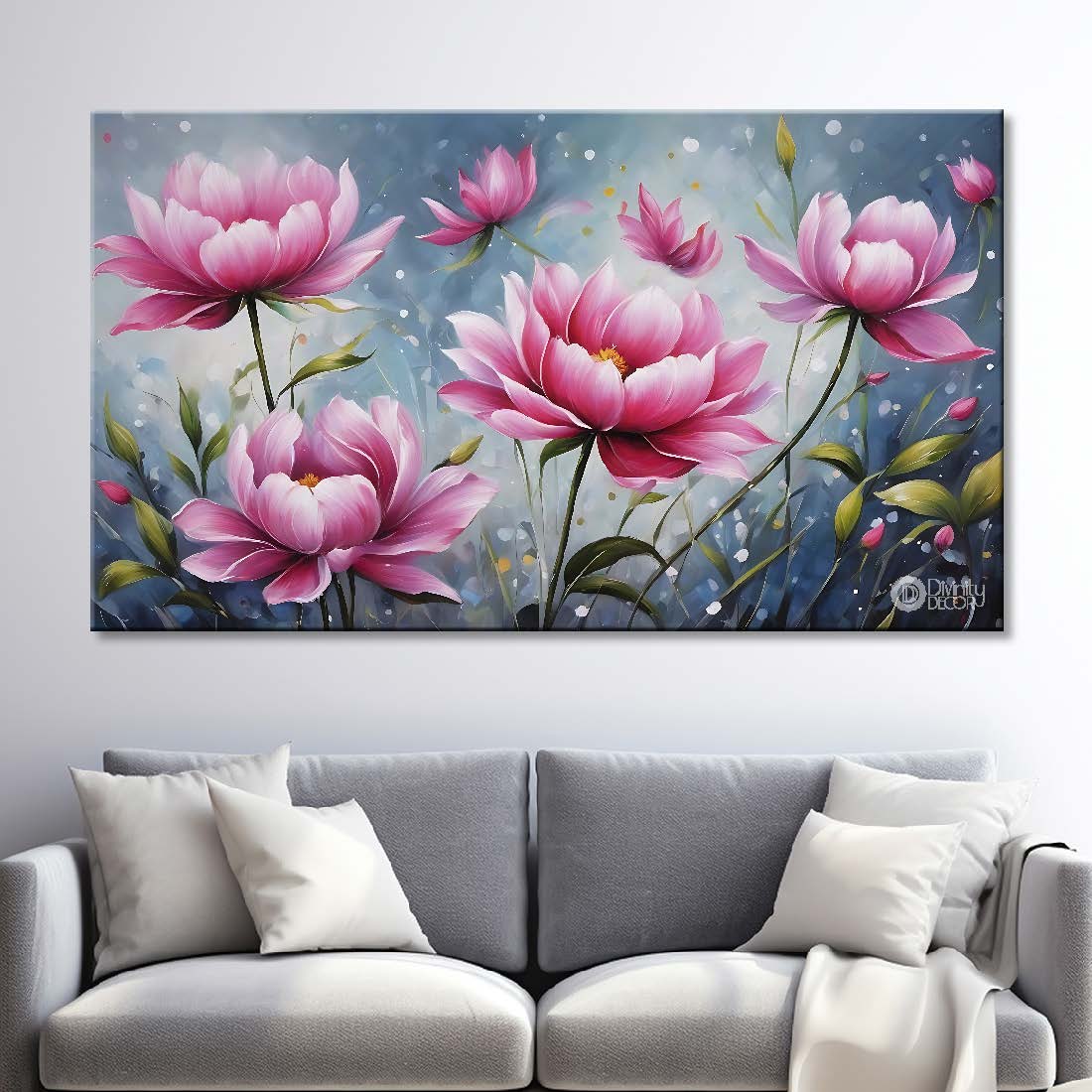 Pink flowers in grey background canvas painting- Flower-739