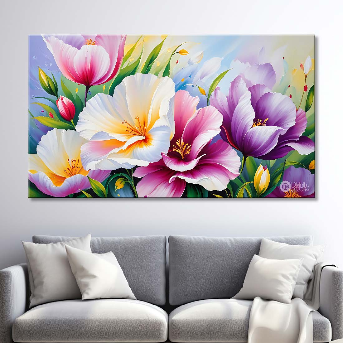 Colorful flowers in white background canvas painting- Flower-741