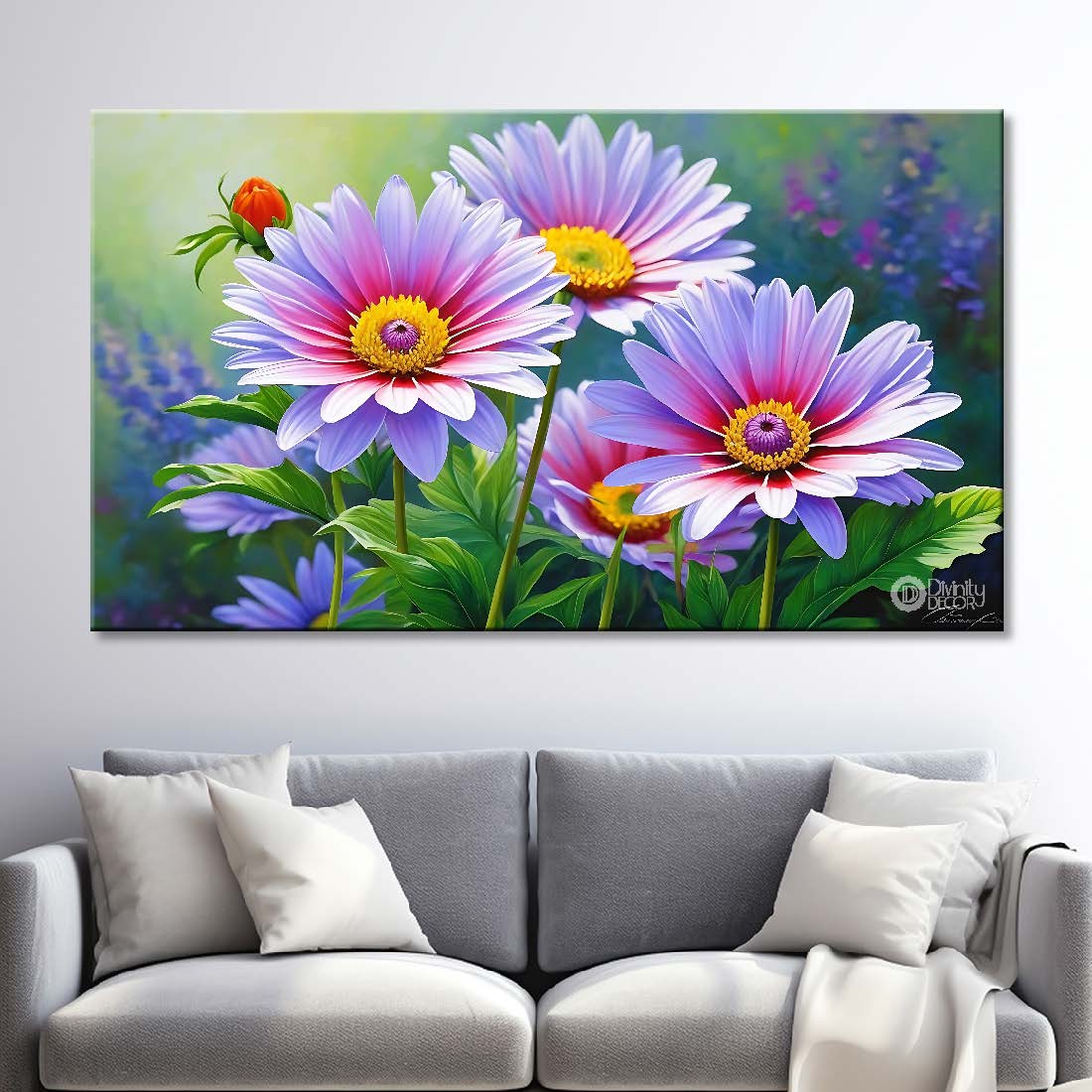 Purple flowers in green background canvas painting- Flower-743