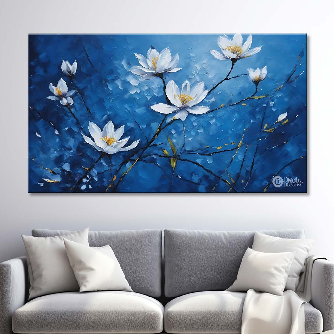 White flowers in navy blue background canvas painting- Flower-744