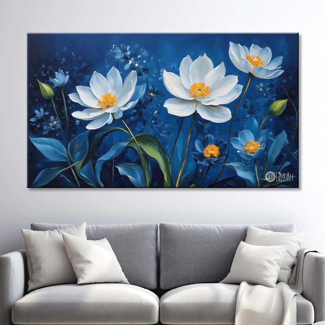 White flowers in navy blue background canvas painting- Flower-745
