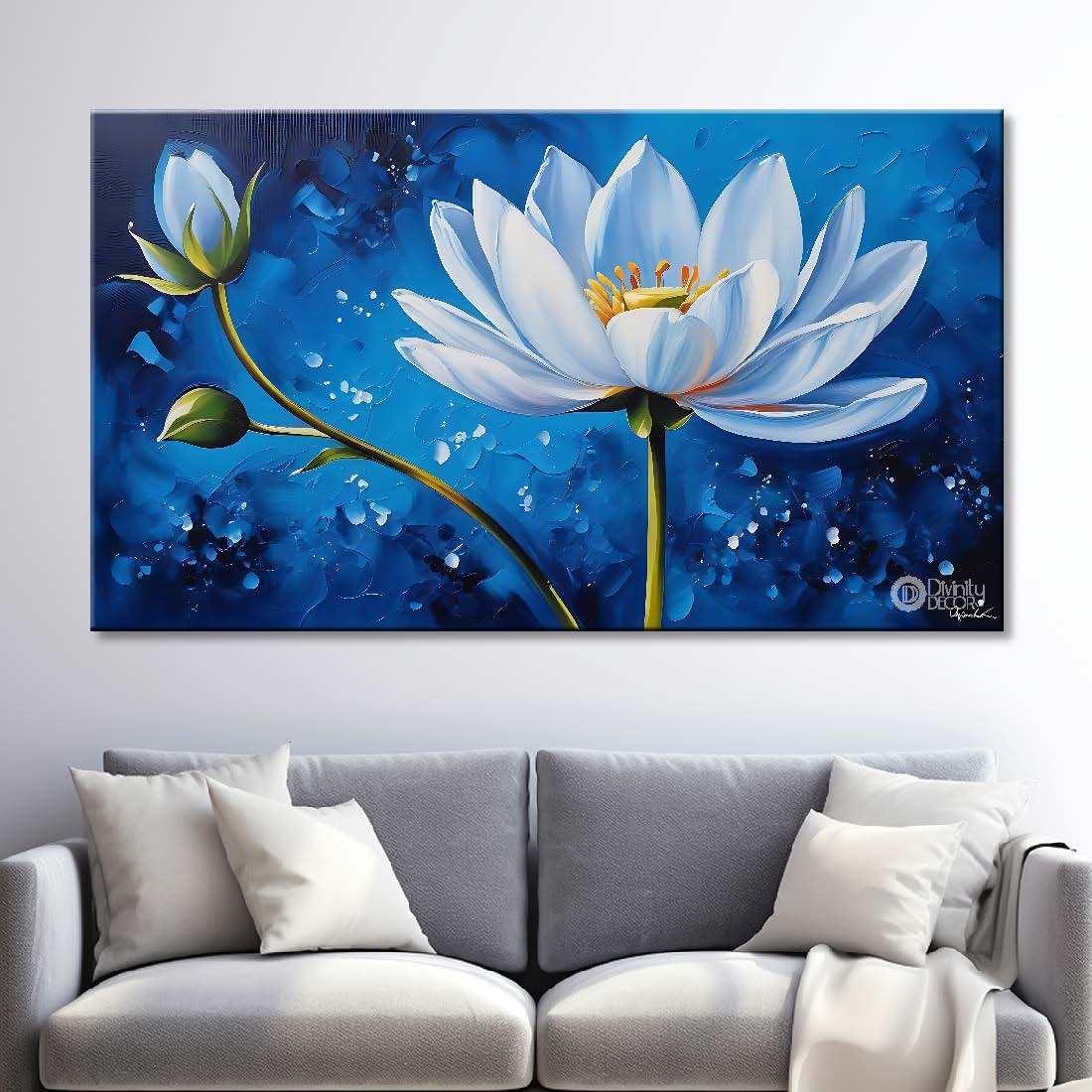 White flowers in navy blue background canvas painting- Flower-747