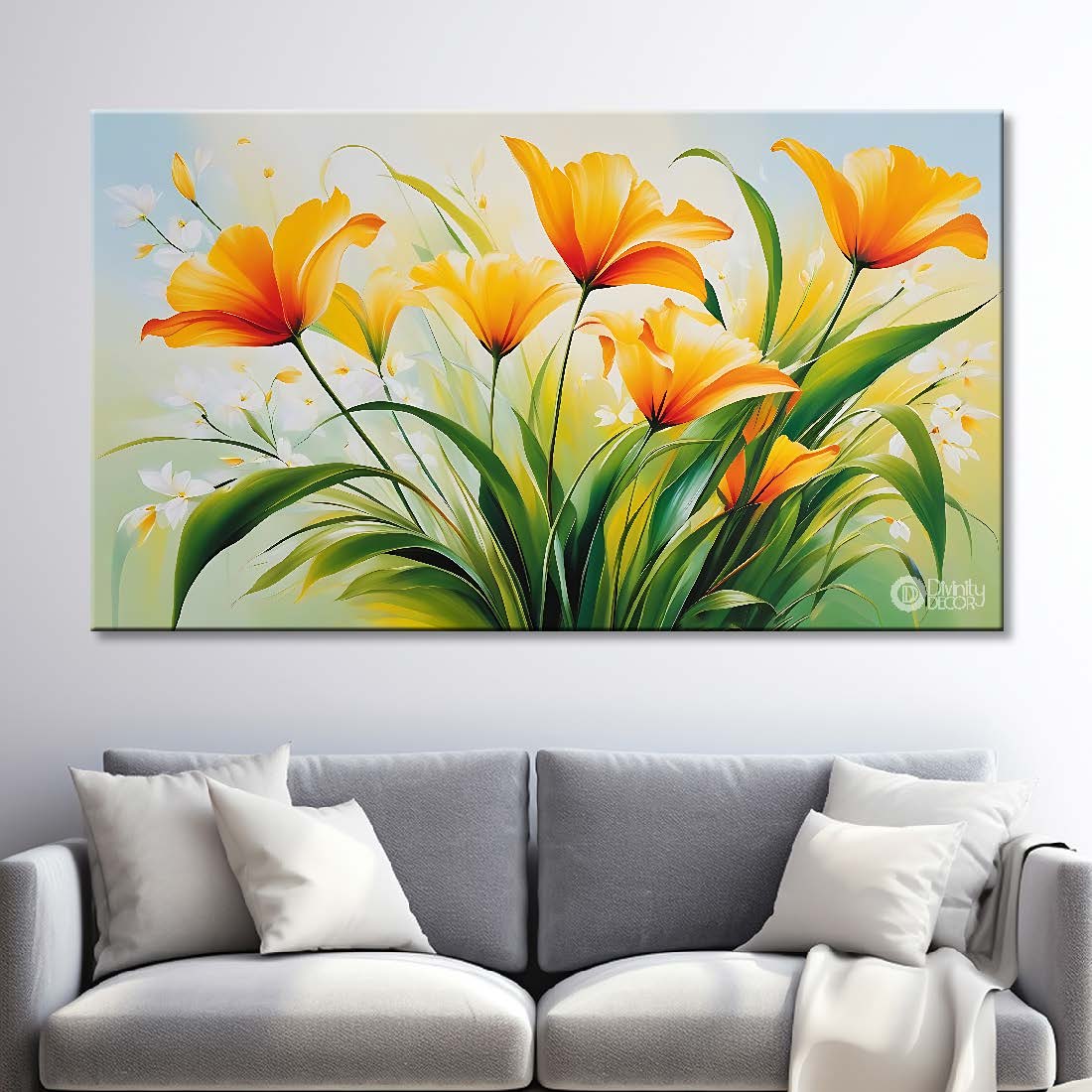 Yellow flowers in grey background canvas painting- Flower-748