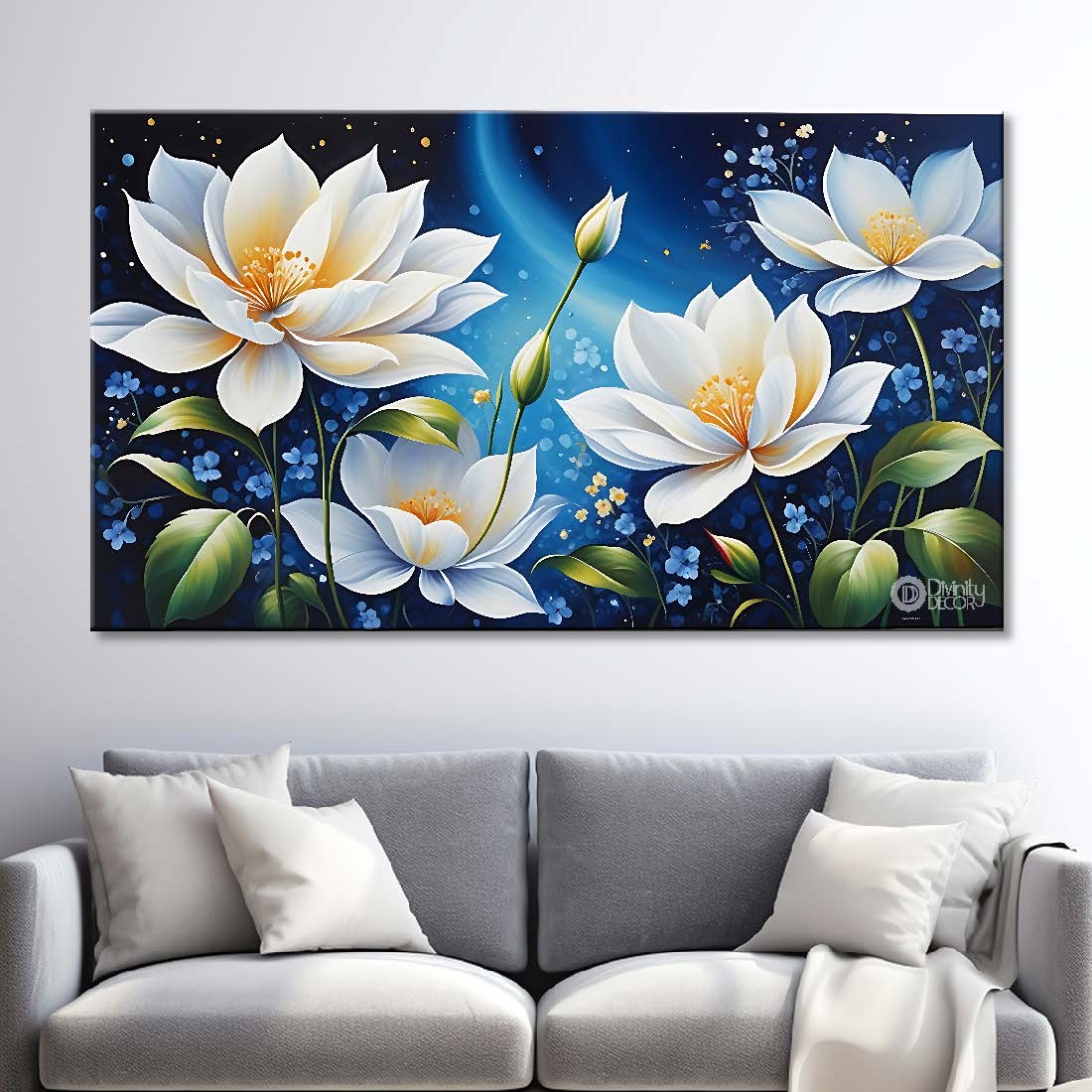 White flowers in navy blue background canvas painting- Flower-749