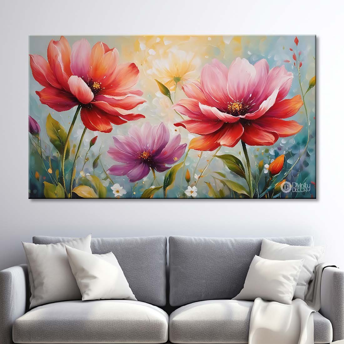 Pink flowers in grey background canvas painting- Flower-750