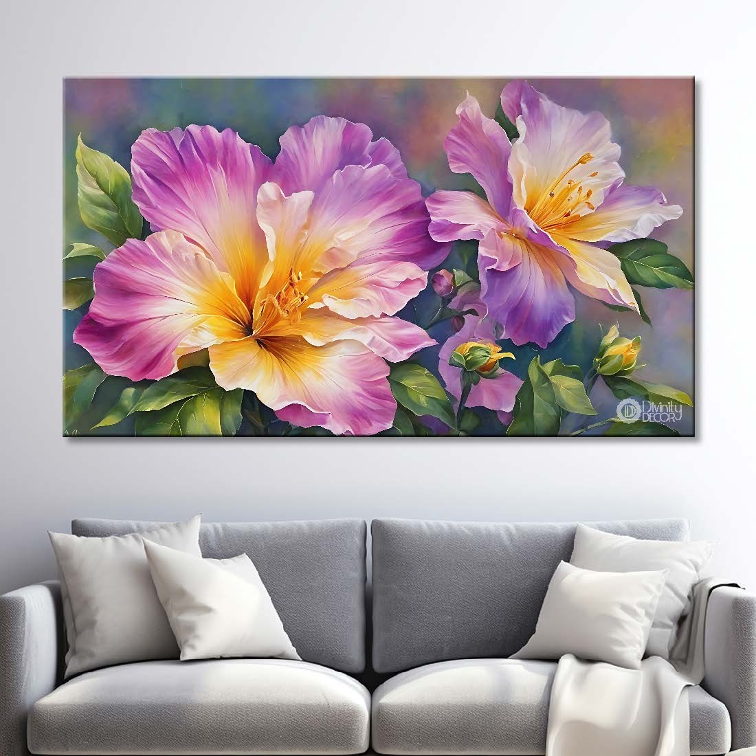 Purple flowers in green background canvas painting- Flower-751