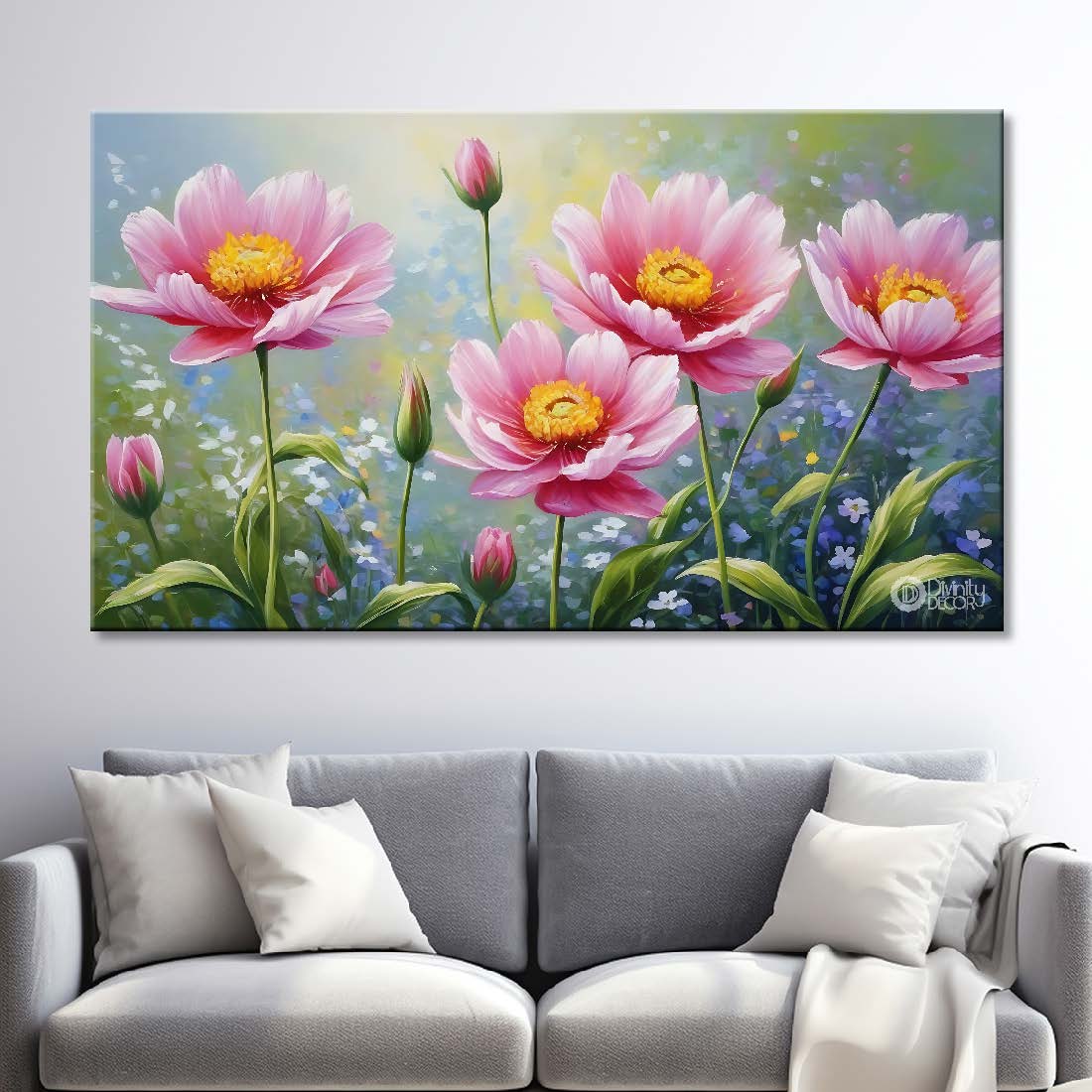 Pink flowers in grey background canvas painting- Flower-752