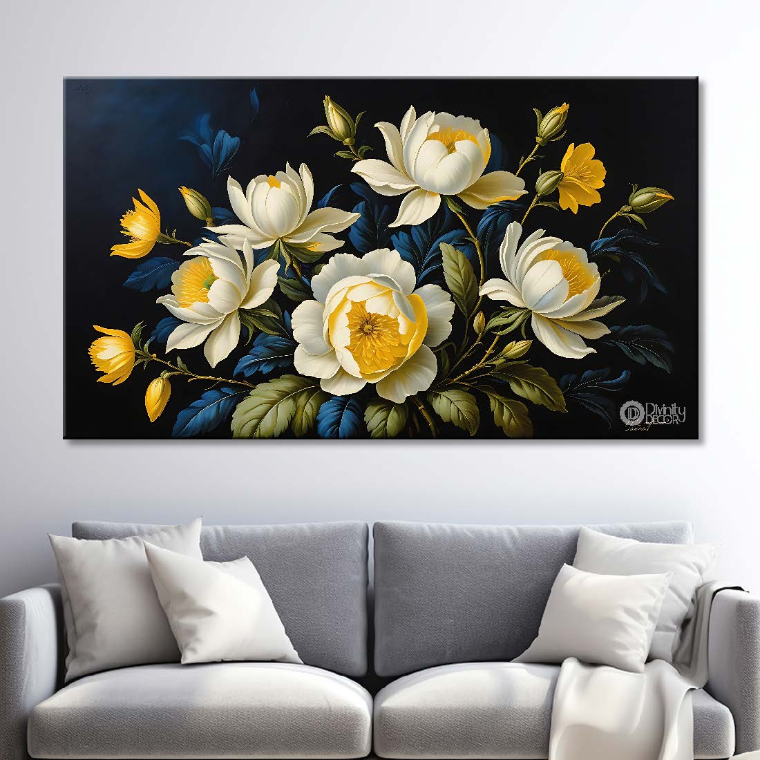 Yellow flowers in navy blue background canvas painting- Flower-753