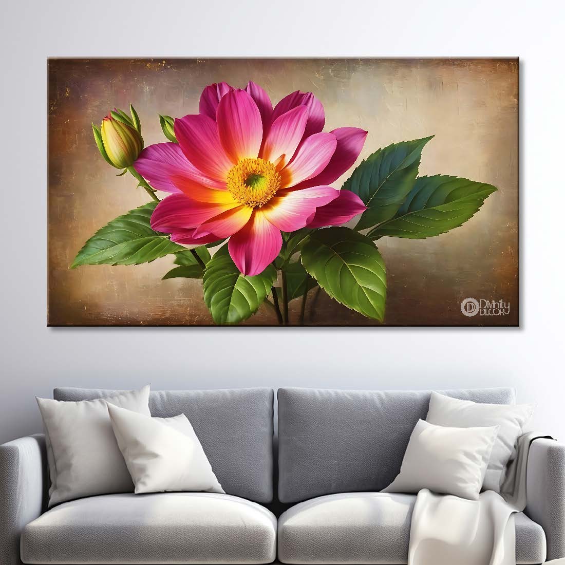 Pink flower in light brown background canvas painting- Flower-754