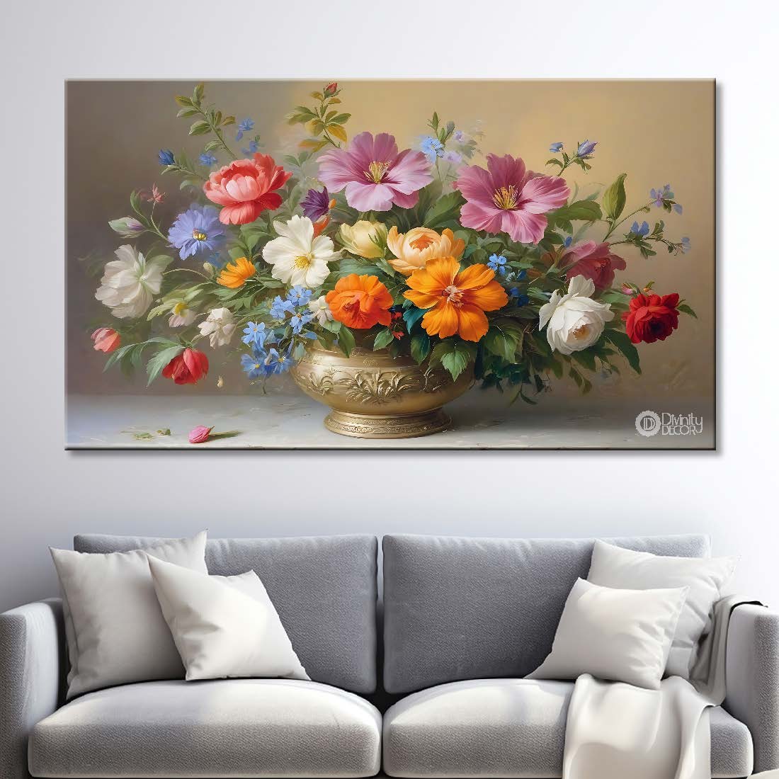 Colorful flowers in a vas in light brown background canvas painting- Flower-755