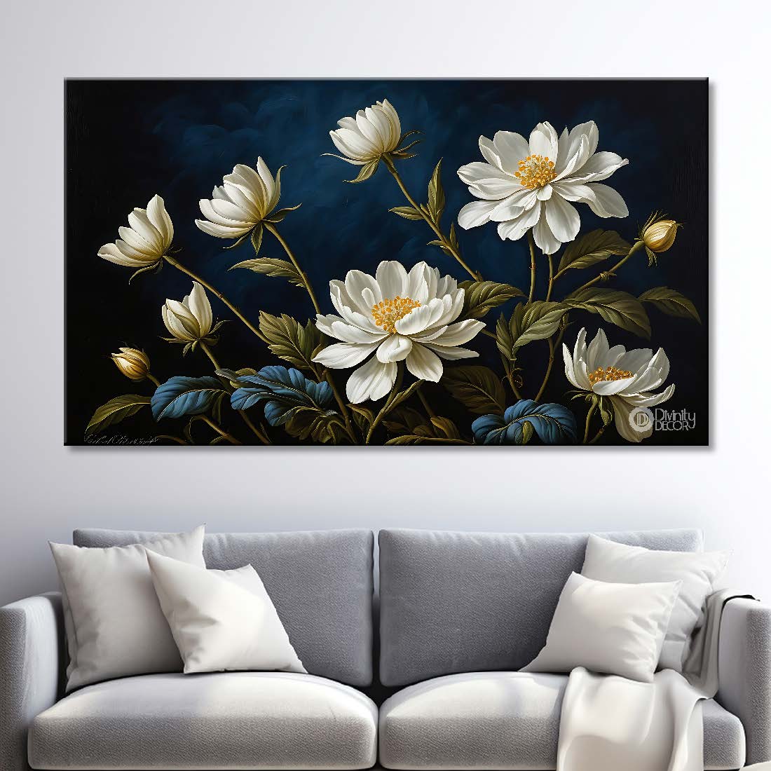 White flowers in navy blue background canvas painting- Flower-756