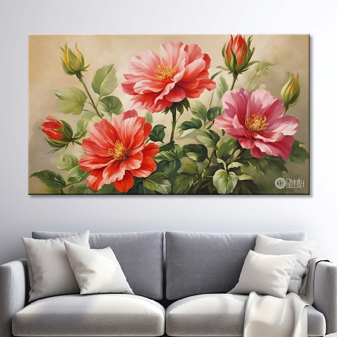 Pink flowers in light background canvas painting- Flower-757