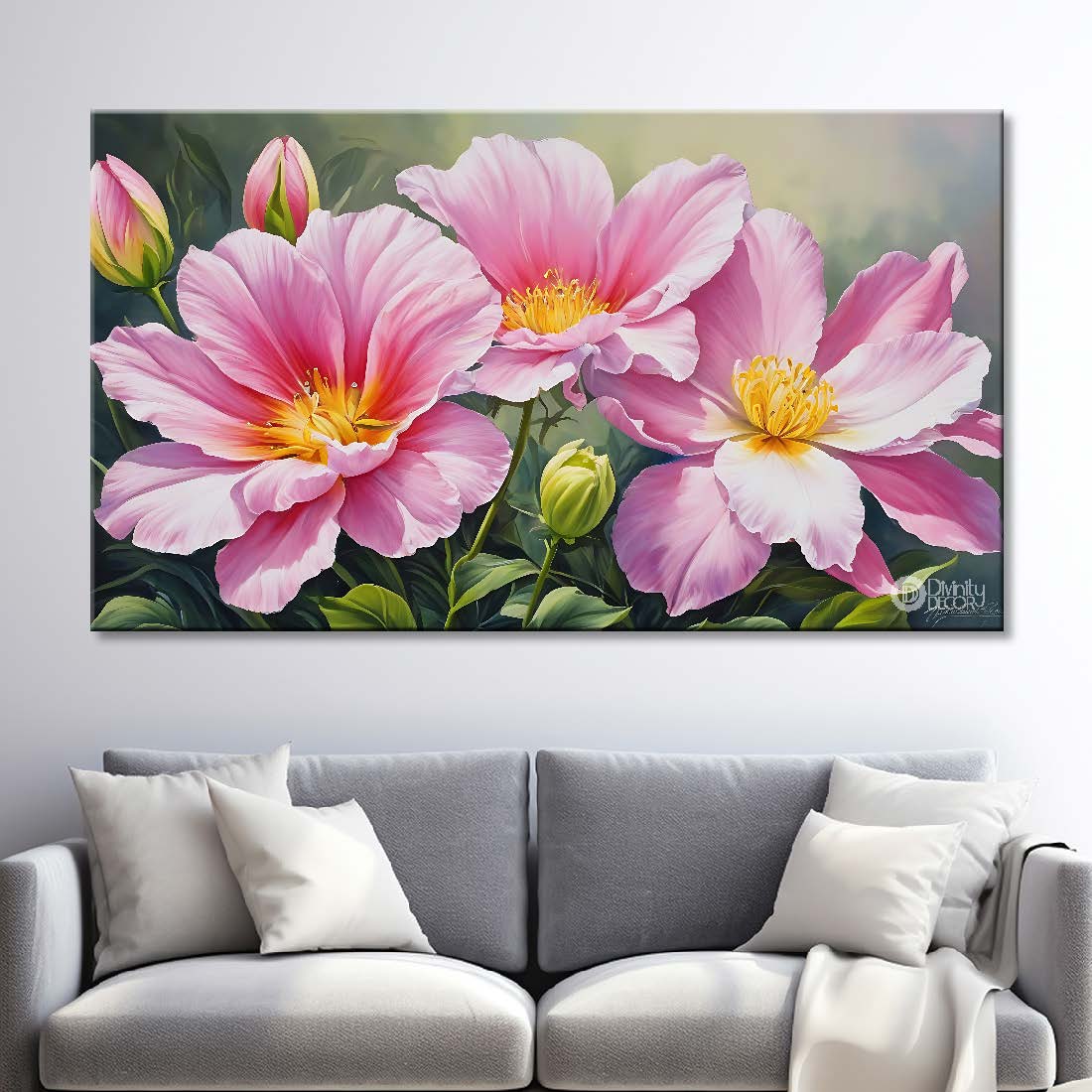 Pink flowers in grey background canvas painting- Flower-758