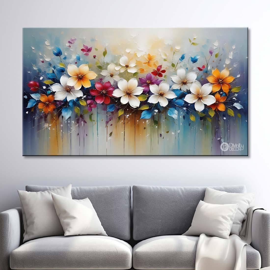 White flowers in colorful background canvas painting- Flower-759