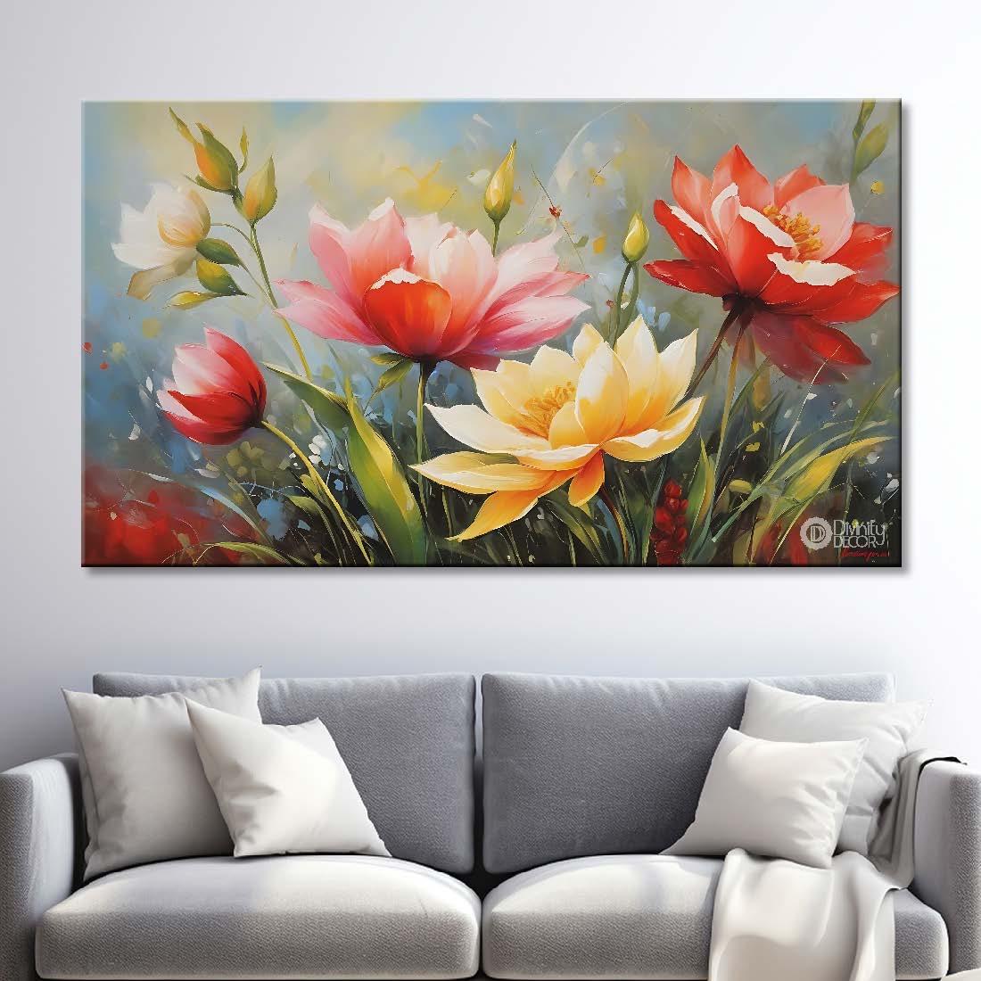 Pink and white flowers in grey background canvas painting- Flower-760