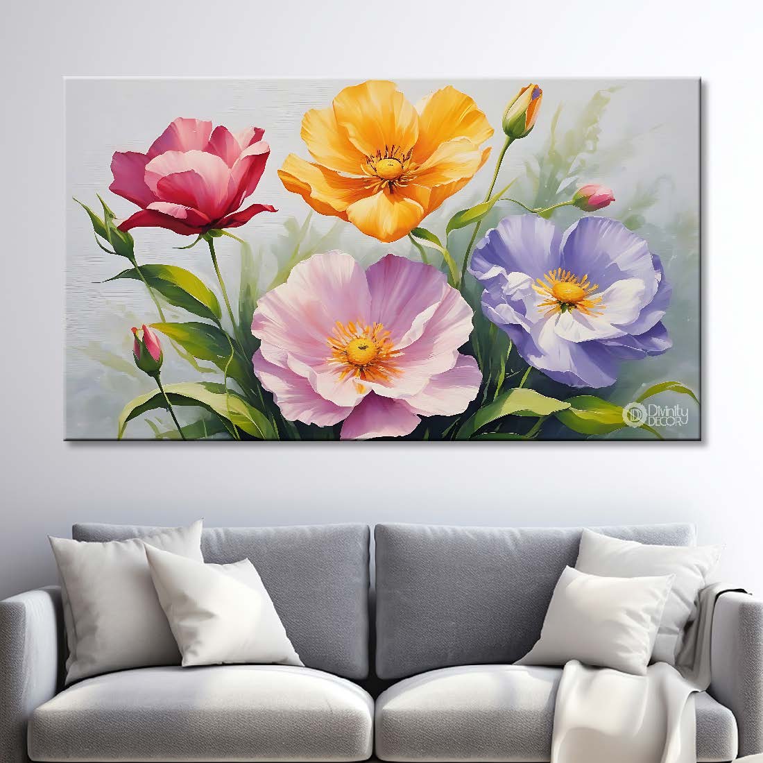 Colorful flowers in grey background canvas painting- Flower-761