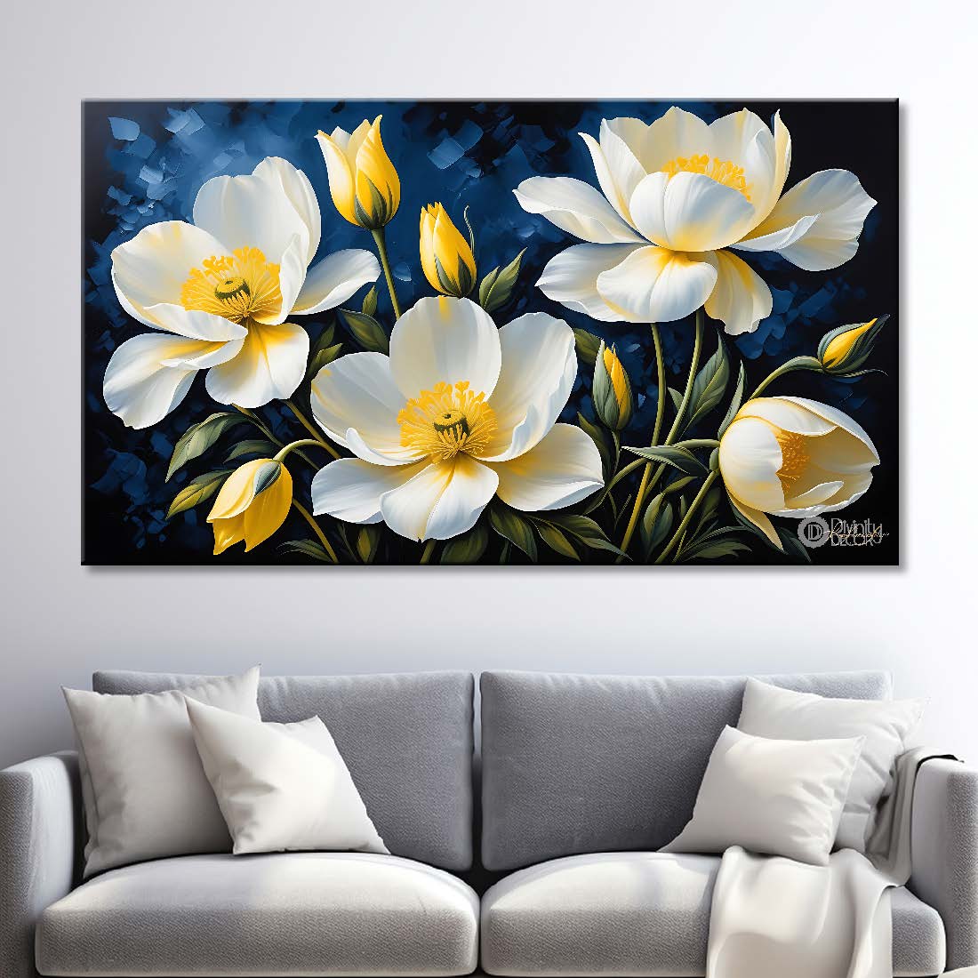 White flowers in navy blue background canvas painting- Flower-762