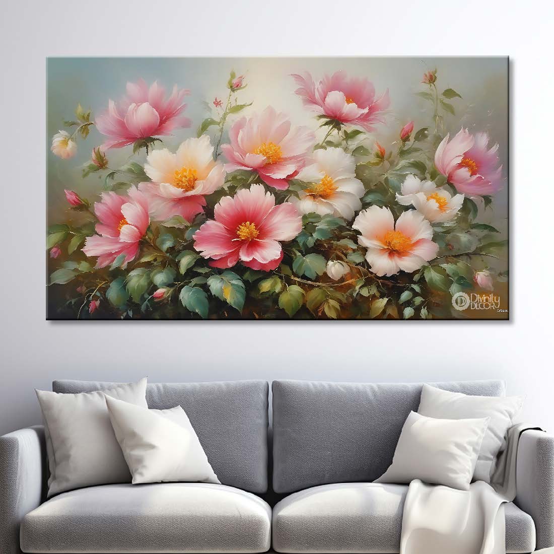 Pink flowers in grey background canvas painting- Flower-763