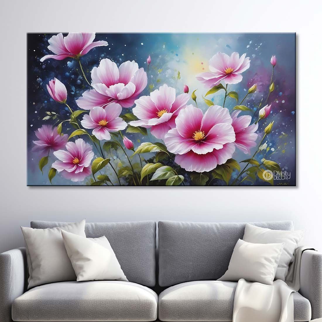 Pink flowers in blue background canvas painting- Flower-764