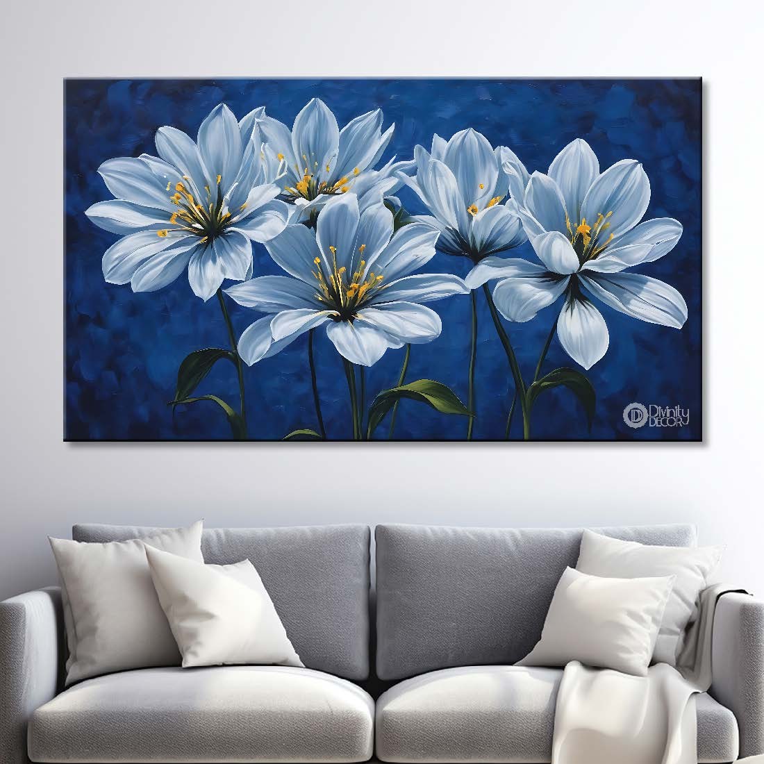 White flowers in navy blue background canvas painting- Flower-765