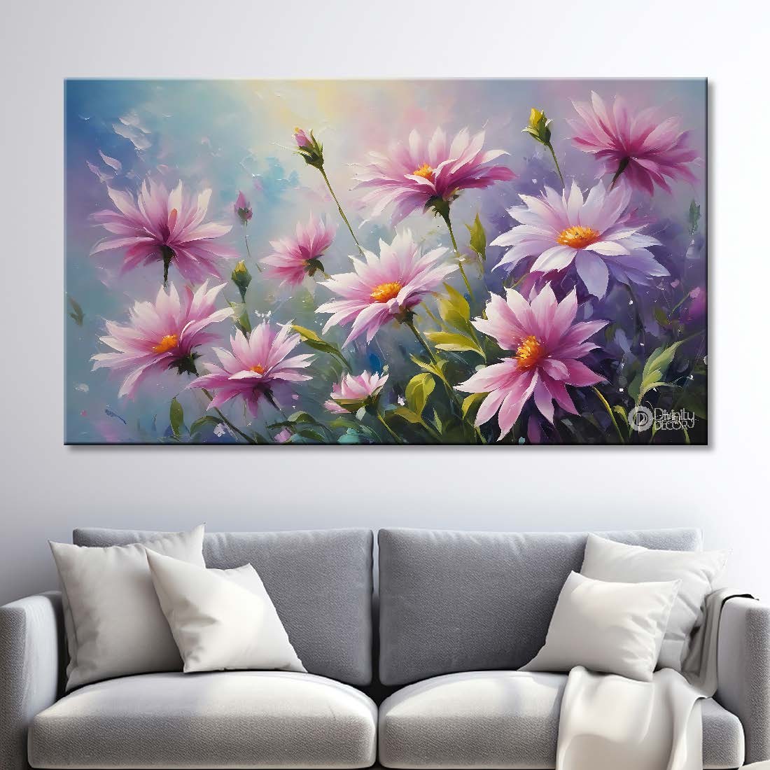 Pink flowers in grey background canvas painting- Flower-766