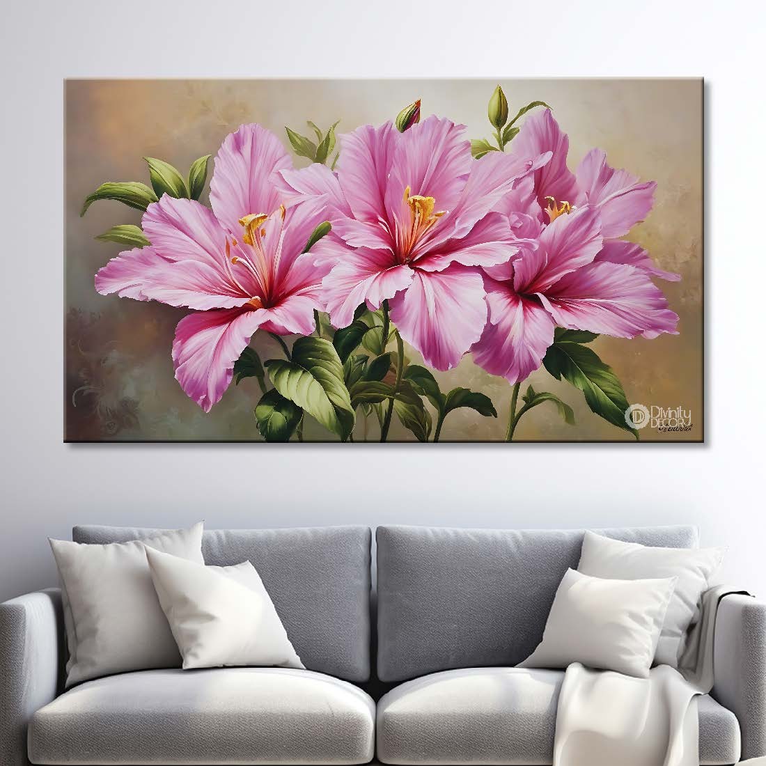 Pink flowers in light background canvas painting- Flower-767