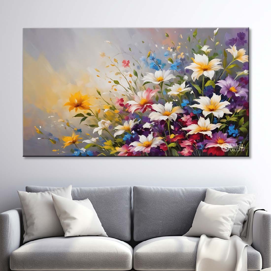 White flowers in grey background canvas painting- Flower-768