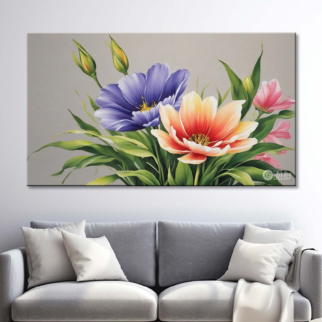 Purple and orange flowers in grey background canvas painting- Flower-769