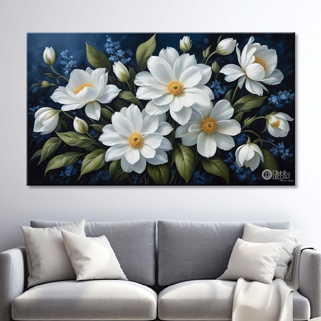 White flowers in navy blue background canvas painting- Flower-770