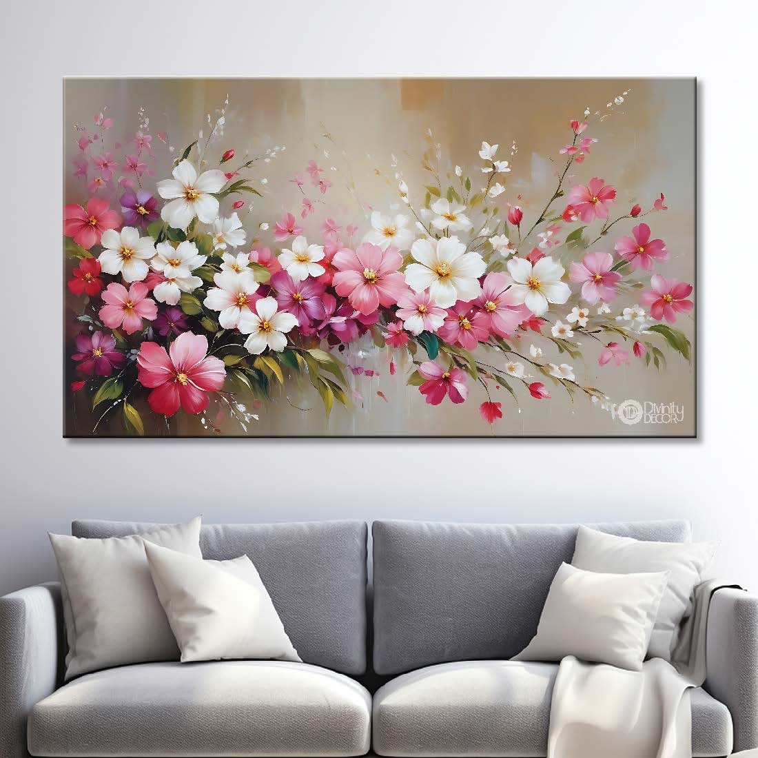 White and pink flowers in light brown background canvas painting- Flower-771